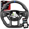 Full Leather Steering Wheel for Ford F-150 Raptor 2017-2020 Gen 2, Heated Compatible, D-Shaped Flat Bottom, Perforated Leather Grip, Blue Stripe & Stitching, Matching Matte Accent