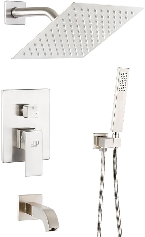 Shower Tub Faucet Set Brushed Nickel Bathroom 8 Inch Shower Head System with Tub Spout Wall Mounted Singe Handle Tub and Shower Trim Kit with Valve