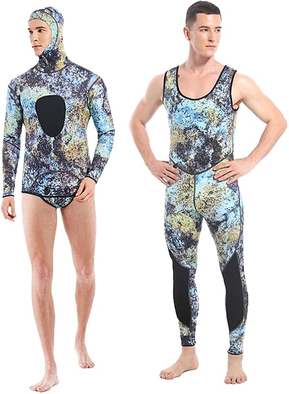 Camouflage Spearfishing Wetsuit Men 3mm Neoprene 2-Pieces Long Sleeve Hooded Hunting Fish Diving Suit Top Pants SCR Wet Suit Thermal Swimsuit Dive Snorkeling Spearfishing