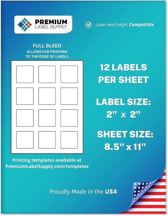 Premium Label Supply White Sticker Square Labels with Bleed 2" x 2" Laser/Inkjet Compatible (12 per Sheet), 100 Sheets 1,200 Total Adhesive Labels