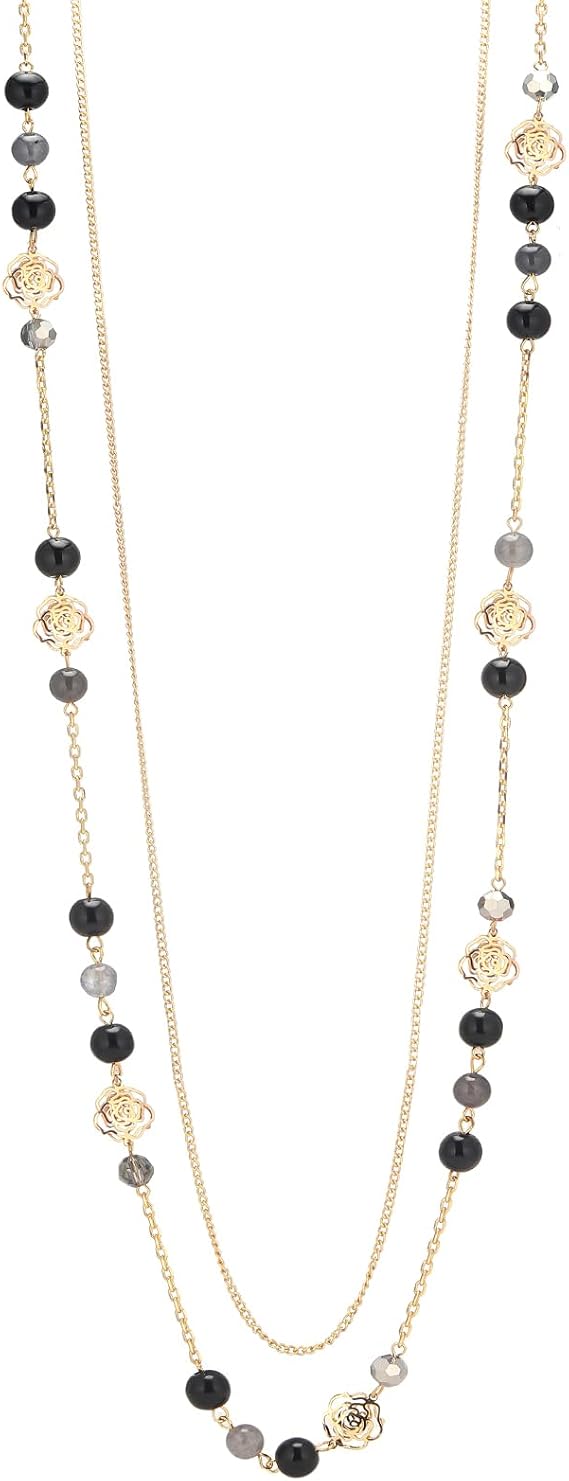 FULU AUTUMN Layered Long Gold Necklaces for Women Natural Stone Beaded Double Chain with Flower Costume Jewellery