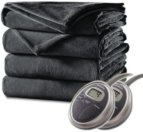 Sunbeam Luxurious Velvet Electric Heated Blanket, Auto Shut-Off, 10 Heat Settings,Two Controllers, Machine Washable, Queen (Charcoal Gray)