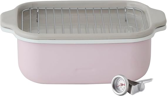 Fuji Enamel Square Tempura Pot, Pink, Wide, 11.0 x 6.8 inches 27.7 x 17.3 cm, IH Compatible, Thermometer, Frying Net, Tray Included