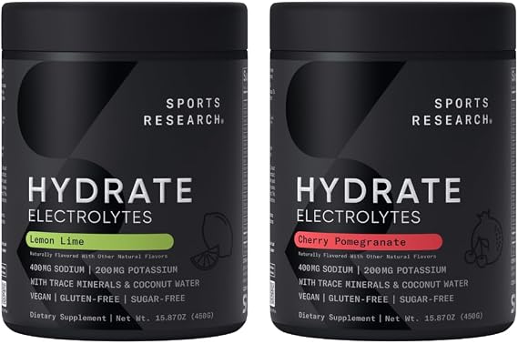 Sports Research Hydrate Electrolytes Powder - Sugar-Free & Naturally Flavored with Vitamins, Minerals, and Coconut Water - Supports Hydration - Cherry Pomegranate & Lemon Lime