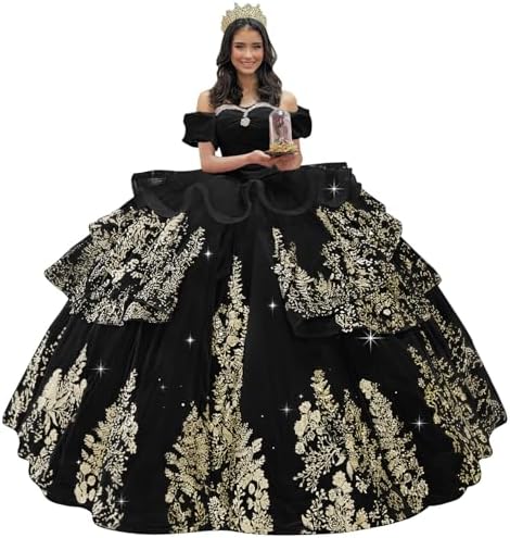 Gold Sequins Applique Quinceanera Dresses Tiered Sweet 16 Dress with Train Beaded Vestidos De 15 with Puffy Sleeves