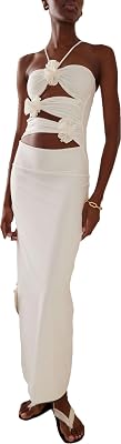 RanRui Womens Cut Out Maxi Dress Cold Tummy Slim-fit Dress Sexy 3D Flower Waist Halter Long Hollow Neck Suspender Dress