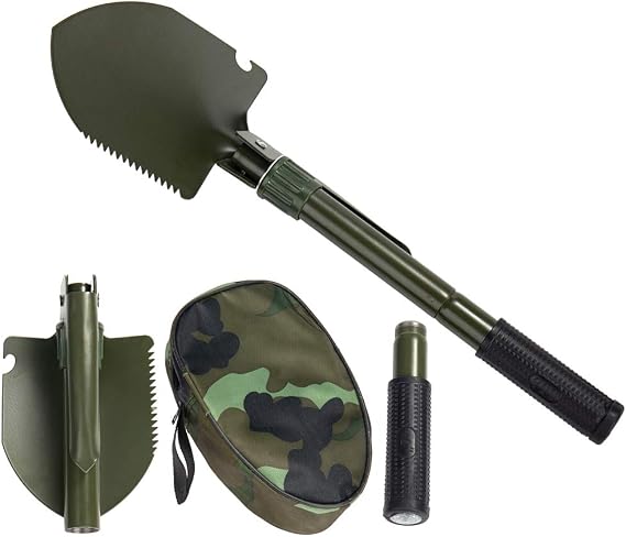 Gardening Folding Shovel Military Camping Shovel Survival Gear Entrenching Tool with Carrying Pouch Metal Handle for Camping Trekking Gardening Fishing Backpacking Snow (Green Zipper Pouch)