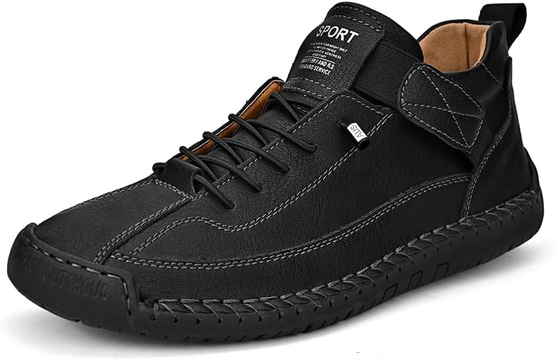 Men's Casual Leather Shoes, Handmade Stitching, Comfort Walking Sneakers, Non-Slip Rubber Sole, Available in Blue, Grey, Brown
