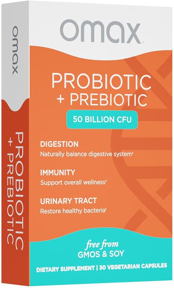 Omax Prebiotic & Probiotic 50 Billion CFU + Chicory Inulin, 10 Strains, Reduce Bloating, Digestion, SIBO, Leaky Gut, Vaginal pH, Acidophilus, Vegan, Dairy Free, Gluten Free, Blister Packaged
