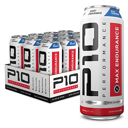 P10 Performance Max Endurance Sugar-Free Drink - 12-Pack, Blue Raspberry, 16oz Cans - Electrolytes, BCAAs, Creatine & 200mg Caffeine