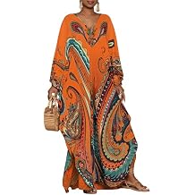 Bsubseach Kaftan Dresses for Women Ethnic Print Plus Size Beach Cover Ups Batwing Sleeve Caftans with Pockets