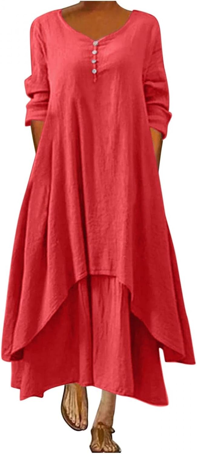 HFHAPW Long Dresses for Women,Women's Summer Crewneck Linen Flowy Hem Long Sleeve Loose Maxi Dress Plus Size Boho Dresses