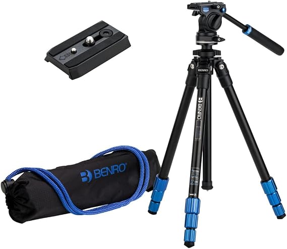 Benro Slim Aluminum Camera/Video Tripod Kit with S2CSH Pan/Tilt Head, Arca-Swiss Quick Release, 57 Max Height, Lightweight, Travel, Extra QR4 Plate Included (TSL08AS2CSHQR4)