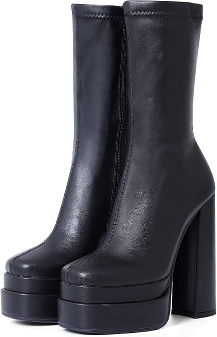 VOMIRA Platform Mid Calf Boots Womens Square Toe High Heel Go Go Boots Black Chunky Heel Slide Zip Platform Boots