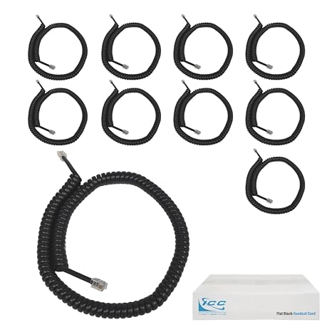 ICC Telephone Handset Cord/Phone Cord, 12 Ft RJ9 (RJ22) Connectors, Flat Black, 10-Pack Curly Coiled Tangle-Free Design for PBX & VoIP Phones