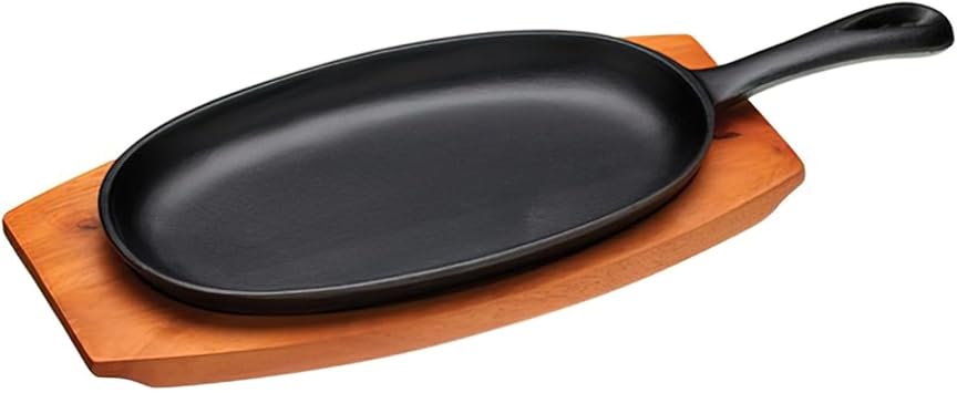 KitchenCraft KCSIZZLE World of Flavours Japanese Teppanyaki Grill Platter, Cast Iron Sizzling Plate with Wooden Base, 34.5 x 14.5 cm, Black