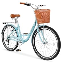 H&ZT 24 26 Adults City Bike, 7 Speed Beach Cruiser Bike, Hi-Ten Steel Frame, Front Basket, Rear Shelf, Classic Vintage, Ideal for Urban Commuting and Beach Rides
