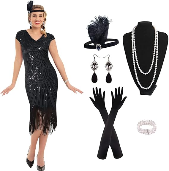 1920s Vintage Flapper Dresses Sequin Beaded Fringed Cocktail Accessories