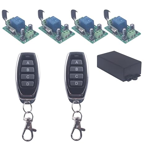 12V Wireless Remote Control Relay Switch,433MHz 10A Wireless Switch | Remote Relay 2 Transmitter 4 Receiver kit for 12V garage door openers, lights DC devices with momentary/ toggle/delay mode