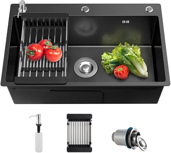 Black Stainless Steel Farmhouse Workstation Sink - 3 Hole, Drop In/Top Mount, Single Bowl (50 x 45cm) with Multiple Accessories