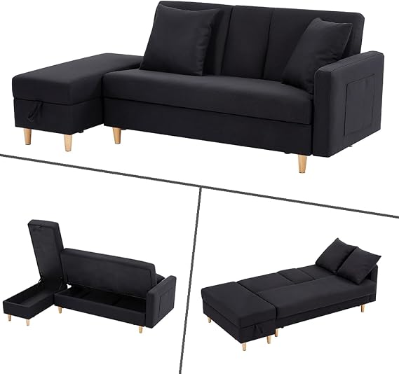 Sofa Three Seater Couch L-Shaped Sofa with Storage Large Capacity Sofa Bed Single Living Multifunctional 3 Seater Sofa with Armrests Ottoman with Wooden Legs 2 Sofa Cushions Black