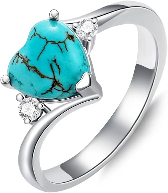 Genuine Turquoise Heart Rings for Women 925 Sterling Silver CZ Engagement Wedding Rings Anniversary Jewelry for Wife Mother