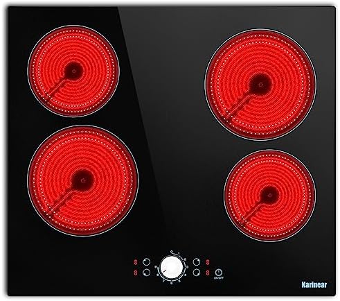 Karinear 24 Inch Electric Cooktop 4 Burners Electric Stove Top, 220-240v Built-in Electric Ceramic Cooktop with Knob Control,9 Power Levels, Black Glass,No Plug