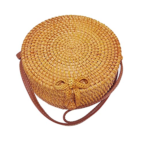 Handmade Rattan Woven Bag Round Retro Crossbody Bags Classic Shoulder Bag Ladies and Girls Party Handbags Wallets Bow Button 7.09x7.09x2.76IN