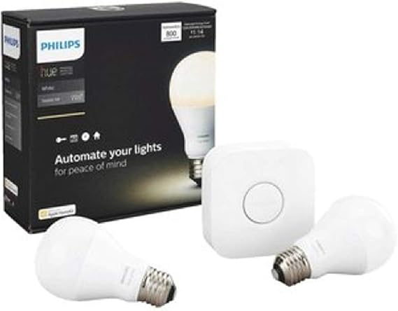 Philips Hue White A19 60W Equivalent Dimmable LED Smart Bulb Starter Kit (2 A19 60W White Bulbs and 1 Hub Compatible with Amazon Alexa Apple HomeKit and Google Assistant), 2 Pack California Residents