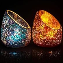 Votive Candle Holder Set, 2 Pc Mosaic Glass Tealight Candle Holder Handmade Romantic Slanted Crystal Centerpiece Candlescape for Valentine's Day