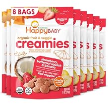 Happy Baby Organic Creamies Freeze Dried Fruit, Veggie, Coconut Cream Snacks, with Strawberry, Butternut Squash, and Banana, Made for Crawling Baby, 1 Ounce (Pack of 8)