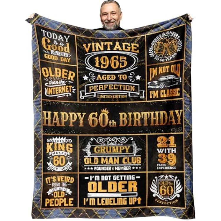 60th Birthday Gifts for Men Blanket 60 x 50, 60th Mens Birthday Gift Ideas, 60 Year Old Birthday Gifts for Men, 1965 Birthday Gifts for 60 Year Old Man