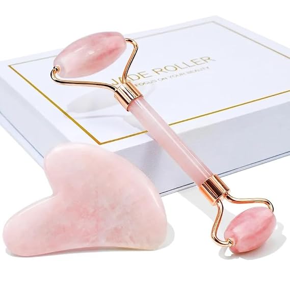Jade Roller & Gua Sha, Natural Rose Quartz Face Roller, Facial Massage Tools, Pink