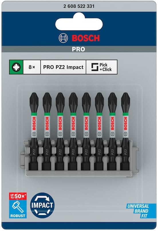 Bosch Professional Accessories 2608522331- Screwdriver Tip SET Impact Control PZ2 50 mm 8-piece, 0 W, 0 V