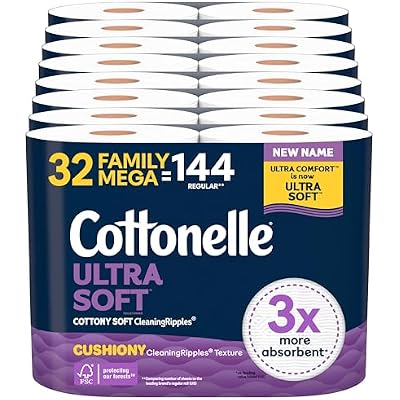 Cottonelle Ultra Soft Toilet Paper with Cushiony CleaningRipples Texture, 32 Family Mega Rolls = 144 Regular Rolls 8 Packs of 4