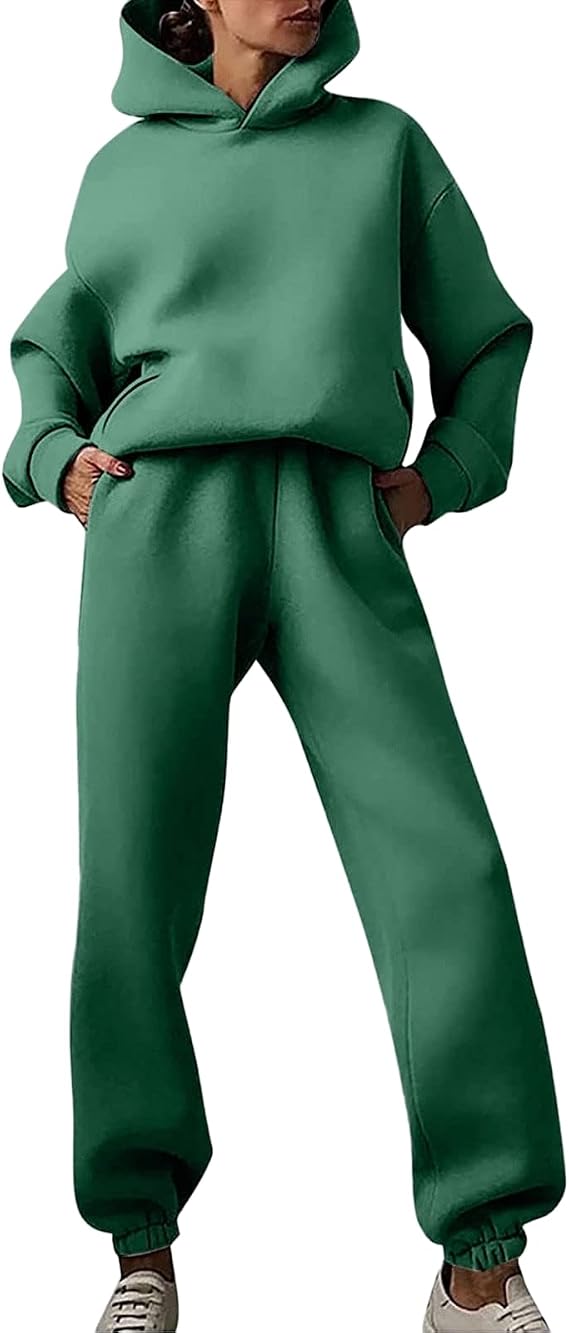 Women's 2 Piece Sweatsuits Oversized Hooded Sweatshirt Elastic Waisted Pant Sets Winter Warm Padded Tracksuit Outfit
