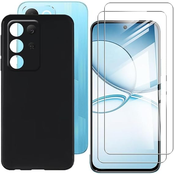 Case for Realme Narzo 90X 5G (6.8 Inches) + 2 Pack HD Tempered Glass Screen Protectors Soft Silicone Black TPU Case Cover + Screen Protector Film