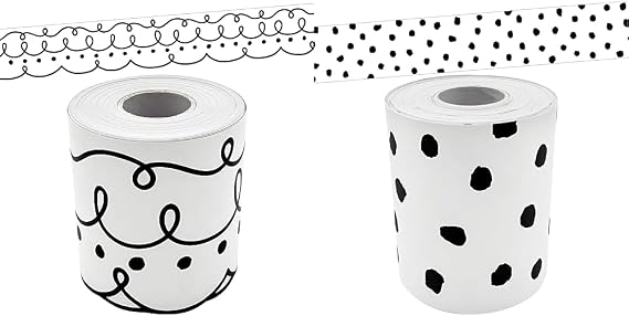 Teacher Created Resources Squiggles and Dots Die-Cut Rolled Border Trim (TCR8914),Black, White & Black Painted Dots on White Straight Rolled Border Trim (TCR8910)