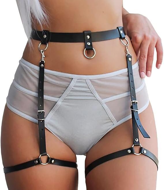 Punk Leather Body Chain Belt - Black Waist and Leg Chain for Women - Sexy Thigh Chain for Nightclub