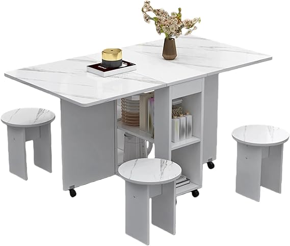 Portable Dining Table, Space-Saving Foldable Table with Storage, Versatile for Dining, Work, or Entertaining, Perfect for Apartments or Small Homes(White,140cm)
