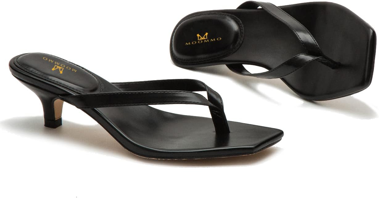 MOOMMO Thong Sandals Flip Flop Mules Kitten Heels Open Square Toe for Women Slim Matte Leather Comfortable T-Straps Slippers Heeled for Outdoor Summer Beach 4-11 M US
