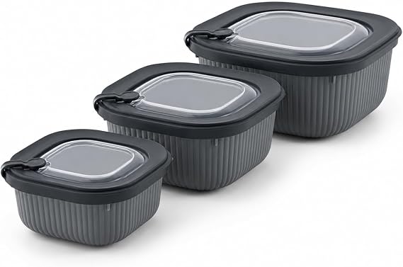 Vakumlu Silikon Kapaklı Plastik Saklama Kabı, 3.5 Litre, Mikrodalga ve Derin Dondurucu İçin Sefer Tası, Gıda Depolama Kutusu, BPA İçermez (600/1100/1800 ml) (Antrasit, Kare)