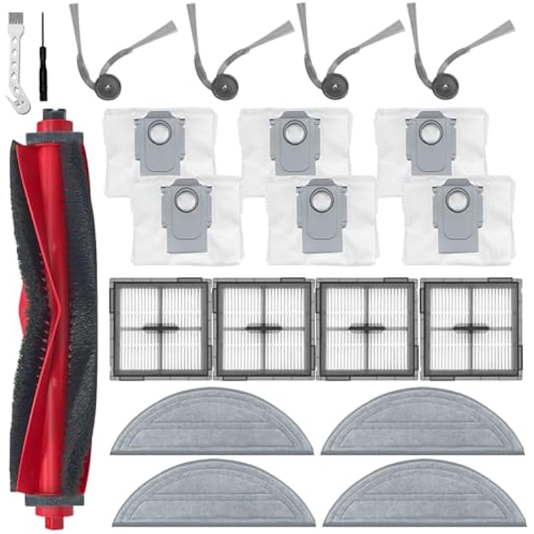 21Pcs Q10 S5 Replacement Accessories Parts for Roborock Q10 S5Q10 S5Q10 X5Q10 X5 Robot Vacuum, 1 Main Brush, 4 Side Brushes, 4 HEPA Filters, 4 Mop Pads, 6 Dust Bags, 1 Screwdriver,1 Clean Brush