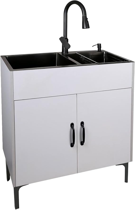 laundry Double Basin Sink with Cabinet, Stainless Steel Sink with Pull-Out Faucet, Utility Sink for Laundry, Kitchen, Bathroom, Basement,Garage (White-29.52"/75cm)