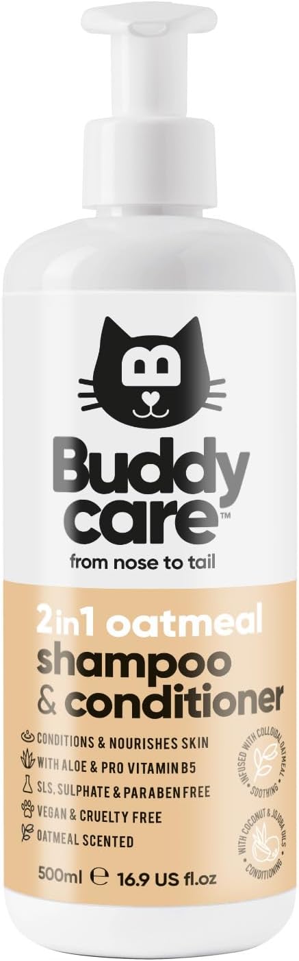 Buddycare Oatmeal 2in1 Cat Shampoo & Conditioner (500ml) Vegan, Cruelty-Free & PH Balanced - Packed with Aloe & Pro Vitamin B5 | Deep Cleanse Grooming for Healthy Coats | Also Suitable for Kittens