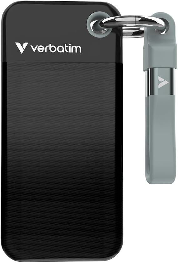 Verbatim Pocket 512GB External SSD USB 3.2 Gen 2 Up to 1000MB/s Portable External Solid State Drive with Convenient Keyring and Cable Holder, Compatible with PC, Mac, PS5, Xbox, iPhone