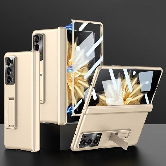 Case Compatible with Honor Magic V2 Case with Front Built-in Tempered Screen Protector, Scratch Resistant Hard PC Back Bumper Protective Folding Phone Cover V2 Kickstand Cover (Gold)