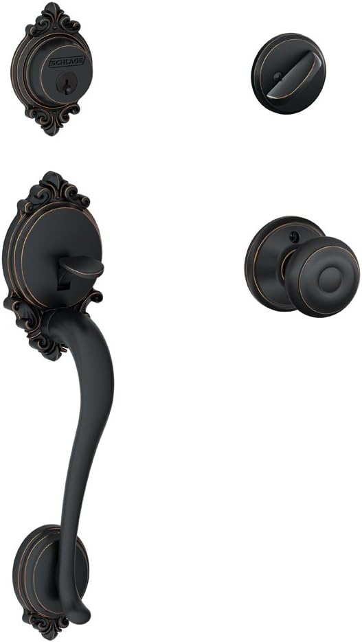 SCHLAGE Brookshire Single Cylinder Handleset and Georgian Knob, Aged Bronze F60 BRK 716 GEO