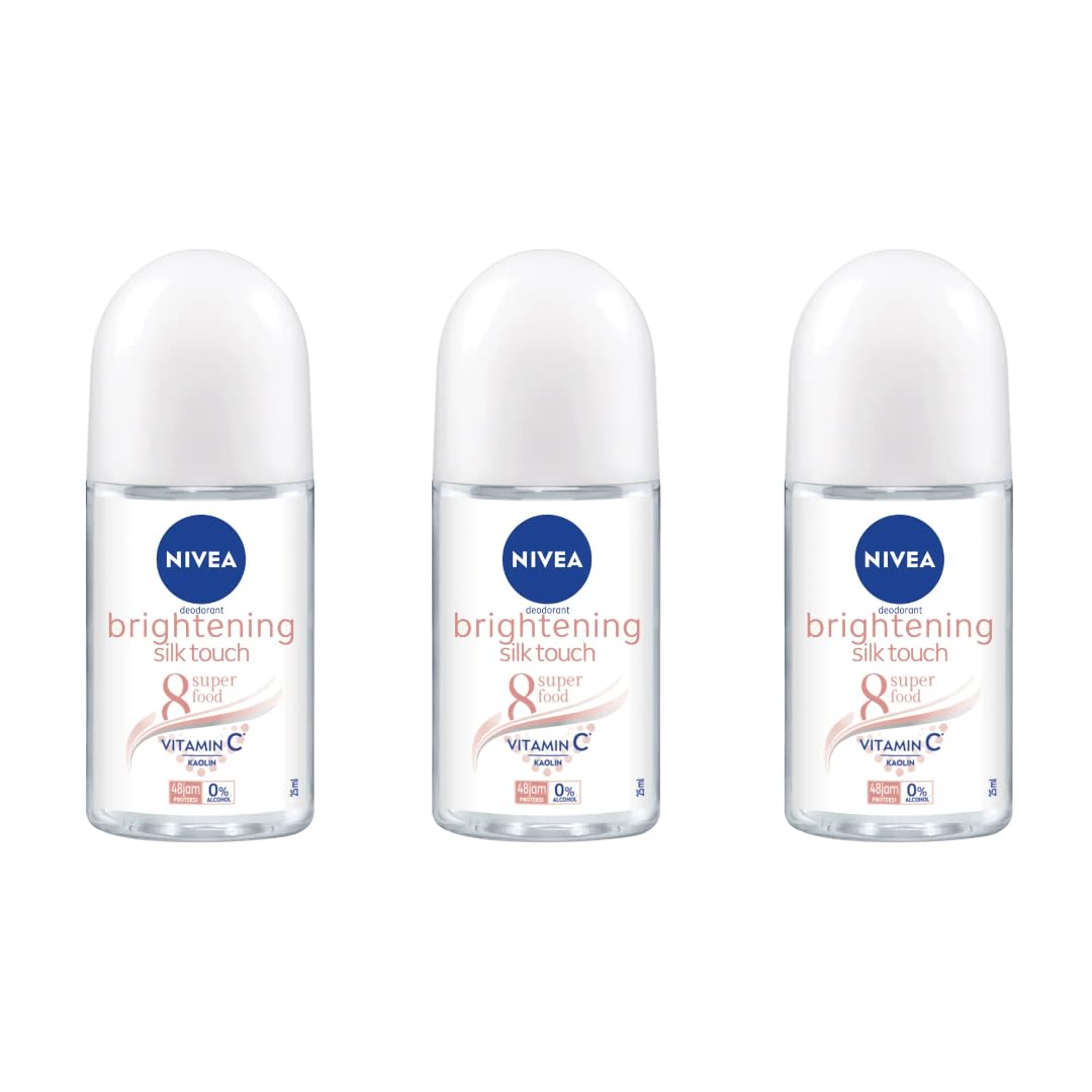 NIVEA Extra Brightening 8 Super Food Vitamin C Collagen Booster, Silk Touch, Underarm Roll-On Deodorant, Alcohol-Free, 48HR Odor Protection, Smooth & Bright Skin, 50ml, 1.69oz, Pack of 3