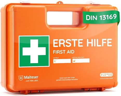 First Aid Case for Companies in accordance with DIN 13169 in Orange Filled First Aid Box with Wall Mount.